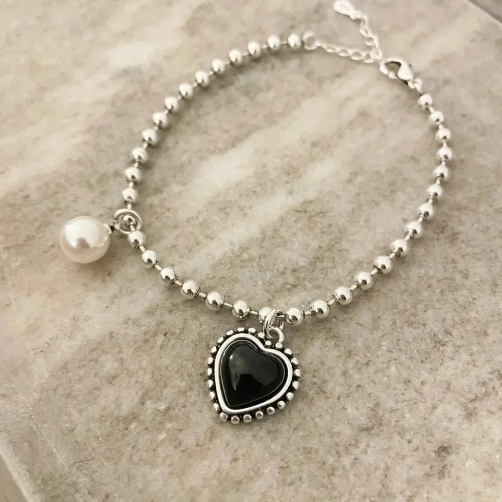 925 Sterling Silver Dainty Bead Bracelet Minimalist Heart & Pearl Charm Bracelet